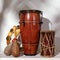 Composition of musical ethnic instrument. Maracas, tambourine, conga and ethnic drum. Percussion rhytm instruments