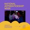 Composition of national apprenticeship week text and woman with phone headset in office