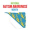 Composition of national autism awareness month text and yellow hands and ribbons