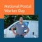 Composition of national postal worker day text over happy caucasian delivery man by van
