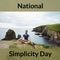 Composition of national simplicity day text over caucasian man practicing yoga by sea