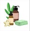 The composition of natural eco-friendly cosmetics. Soap with cream and bubbles and a white flower on the background of