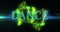 Composition of neon dance text over green crystals on black background