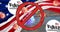 Composition of no entry sign over covid 19 cells, 4th of july independence text and american flag