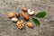 Composition of nuts , flat lay - mix hazelnuts, cashews, almonds on table background. healthy eating concepts and food