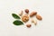 Composition of nuts , flat lay - mix hazelnuts, cashews, almonds on table background. healthy eating concepts and food