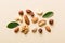 Composition of nuts , flat lay - mix hazelnuts, cashews, almonds on table background. healthy eating concepts and food