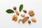 Composition of nuts , flat lay - mix hazelnuts, cashews, almonds on table background. healthy eating concepts and food