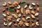 Composition of nuts , flat lay - mix hazelnuts, cashews, almonds on table background. healthy eating concepts and food
