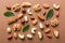 Composition of nuts , flat lay - mix hazelnuts, cashews, almonds on table background. healthy eating concepts and food