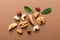 Composition of nuts , flat lay - mix hazelnuts, cashews, almonds on table background. healthy eating concepts and food