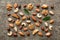 Composition of nuts , flat lay - mix hazelnuts, cashews, almonds on table background. healthy eating concepts and food