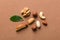 Composition of nuts , flat lay - mix hazelnuts, cashews, almonds on table background. healthy eating concepts and food