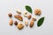 Composition of nuts , flat lay - mix hazelnuts, cashews, almonds on table background. healthy eating concepts and food