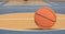 Composition of orange basketball over orange and blue basketball court