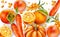 Composition of orange fruits and vegetables. Oranges, carrots, pumpkin, peaches and pyracantha berries