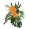 Composition with orange hibiscus and many kind of exotic plants and palm leaves.