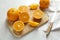 Composition with oranges, cutting board and knife