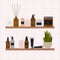 Composition with organic cosmetic products in bottles, jars for skin care, aloe plant on bathroom shelves. Cleanser, tonner, serum