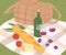 Composition for outdoor picnic serving on blanket vector flat illustration. Fresh tasty baguette, vine, cheese and