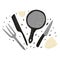 Composition pan with fork,knife and eggshell on white background. Tool cooking in doodle