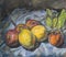 Composition of peaches painted with oil colors