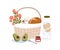 Composition of picnic basket with wild flowers and snacks for outdoor romantic breakfast or lunch bottle of lemonade