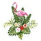 Composition of pink flamingo tropical leaves and flowers white b