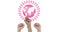 Composition of pink globe logo , with raised fists on white background