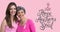 Composition of pink ribbon anchor logo and breast cancer text, with smiling mother and daughter