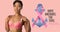 Composition of pink ribbon anchor logo and breast cancer text, with smiling woman in pink bra