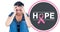 Composition of pink ribbon anchor logo and hope text, with worried woman