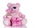 Composition in pink tones with bear, flower and gift box on a white background.