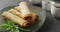 Composition of plate with spring rolls and chilli sauce on grey background
