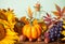 Composition with pumpkin, autumn leaves, sunflower and berries on the wooden background. Cozy autumn mood concept