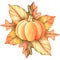 Composition of pumpkin and autumn leaves. Watercolor illustration. Isolated on a white background.