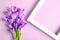 Composition of purple crocus flowers and blank frame on purple background.