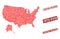 Composition of Red Mosaic Map of USA and Alaska and Grunge Rectangle Stamps