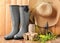 Composition with rubber boots for gardening on wooden background