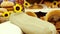 Composition of rye breads, bag of flour, wicker basket and baguettes with sunflowers on wooden table. 3840x2160