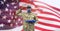 Composition of saluting male soldier wearing face mask holding folded flag, against american flag