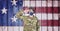 Composition of saluting soldier wearing face mask, against american flag painted on wooden planks