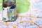 Composition with saving money banknotes in a glass jar. Concept of investing and keeping money for dreams and travel, close up