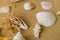 Composition seashells, pebbles, mockup on sand background. Marine still life, flat lay. Sea summer vacation travel