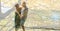 Composition of senior couple dancing on beach and autumn foliage