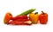 Composition of several sweet peppers and their halves of different colors on a light background.