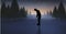 Composition of silhouette of male golf player on reflective surface over winter landscape