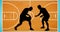 Composition of silhouettes of basketball players over basketball court