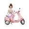 Composition of a small girl sitting on a scooter. Fashionable child. Stylish sketch. Fashion illustration. Design for baby shower