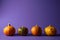 Composition of Small textured pumpkin on a purple background. Halloween decoration. Holiday Poster or Harvest. Copy space
